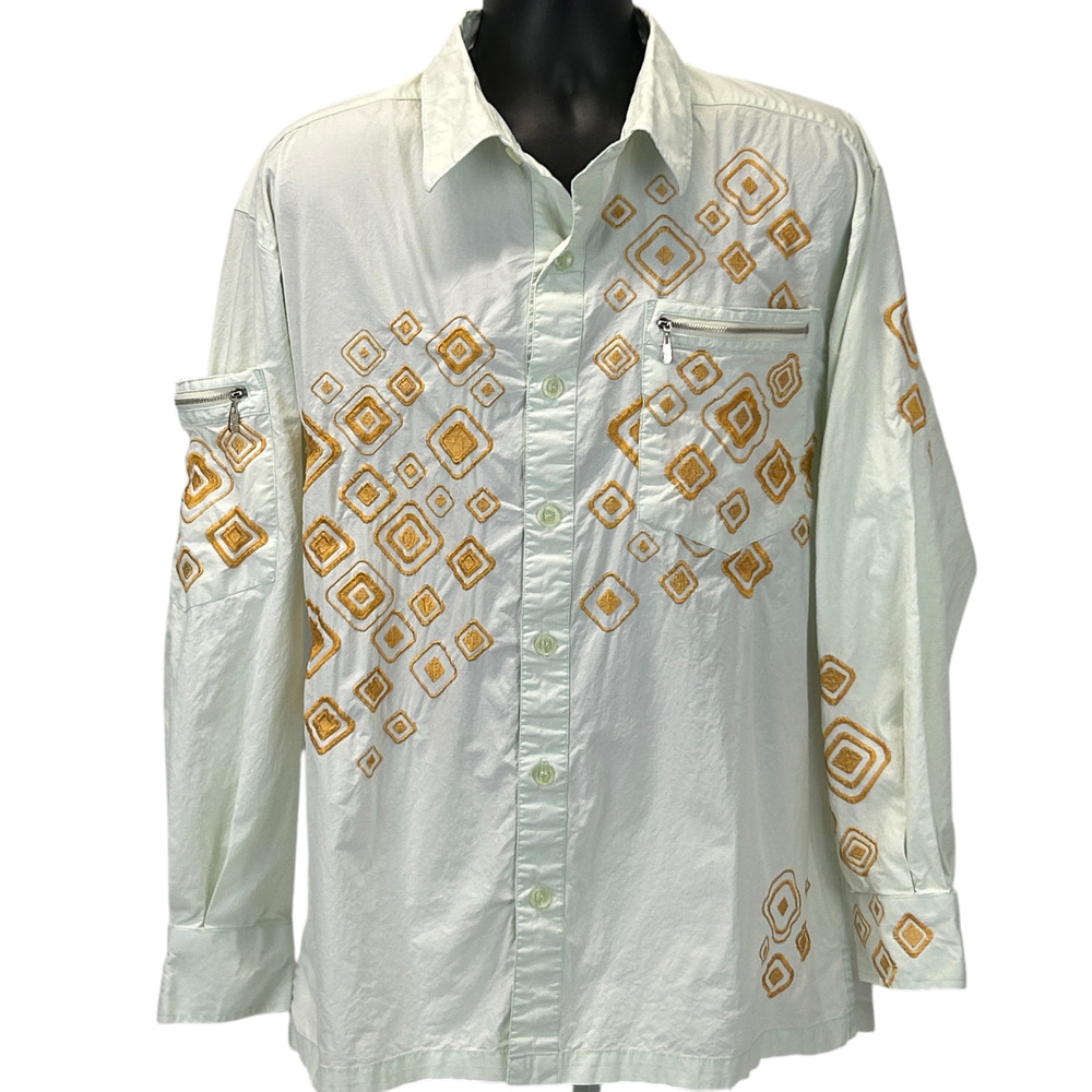 Vintage 90s Royal Prestige Button Front Shirt Embroidered Pockets Green 2XL XXL
